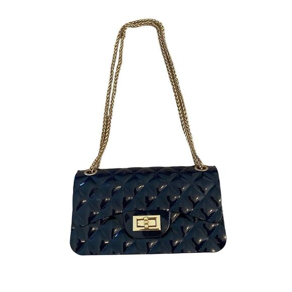 Blue Jelly Quilted Purse Shoulder Bag Turn Lock Closure Gold Tone Chain Shoulder - Picture 1 of 16